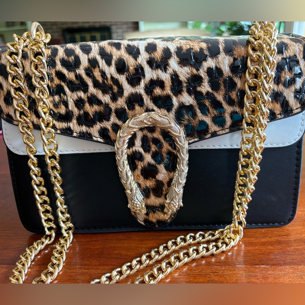 Leopard Print and black vegan leather with Chain Shoulder purse